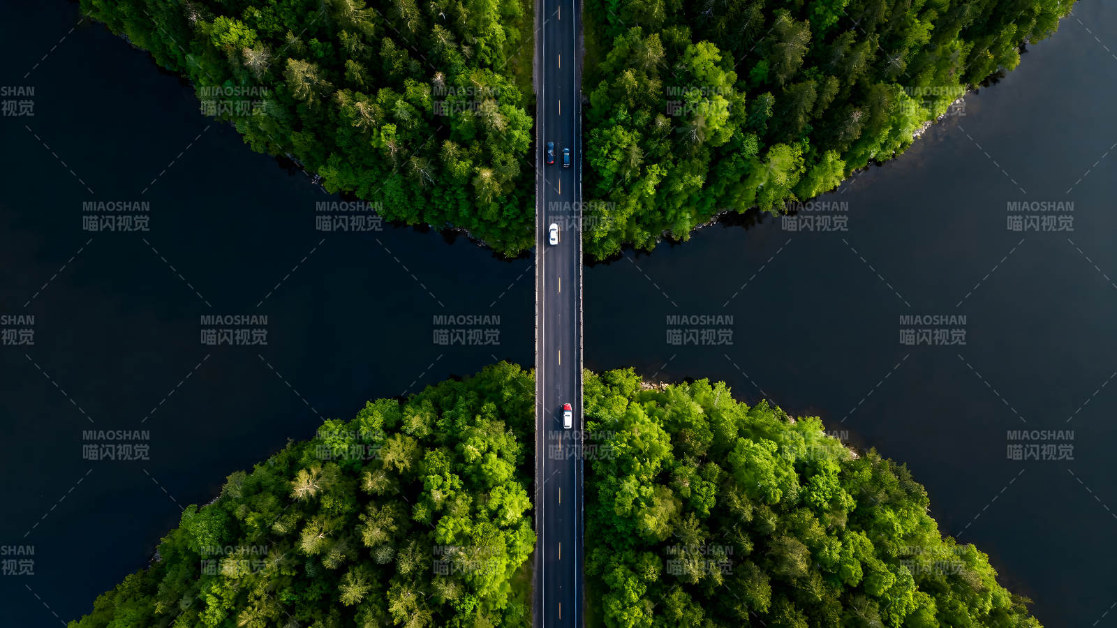 鸟瞰风景公路穿越森林湖泊图片