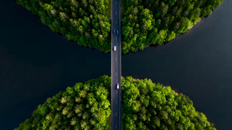 鸟瞰风景公路穿越森林湖泊图片