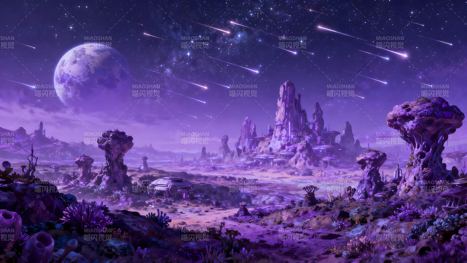 星空下的异星风景梦幻般的紫光笼罩图片