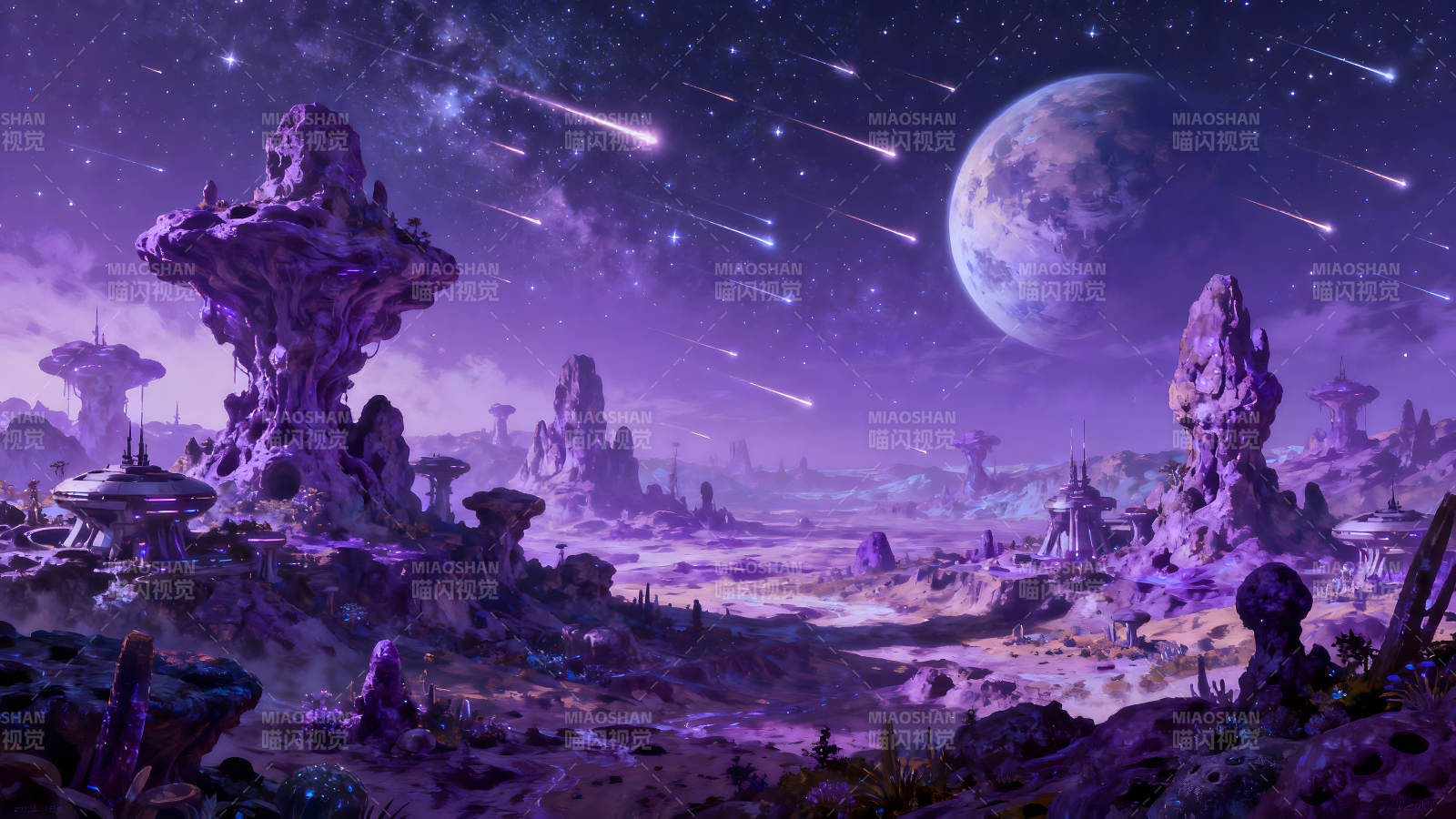 紫色星球奇幻风景流星划过天际图片