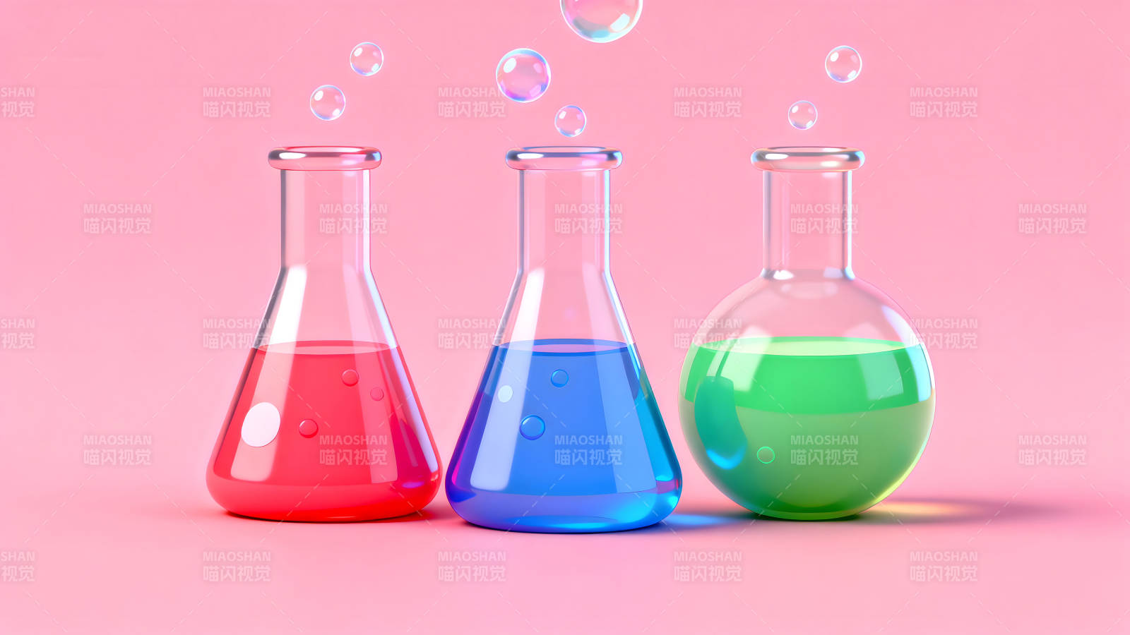 三个烧瓶装有不同颜色的液体图片