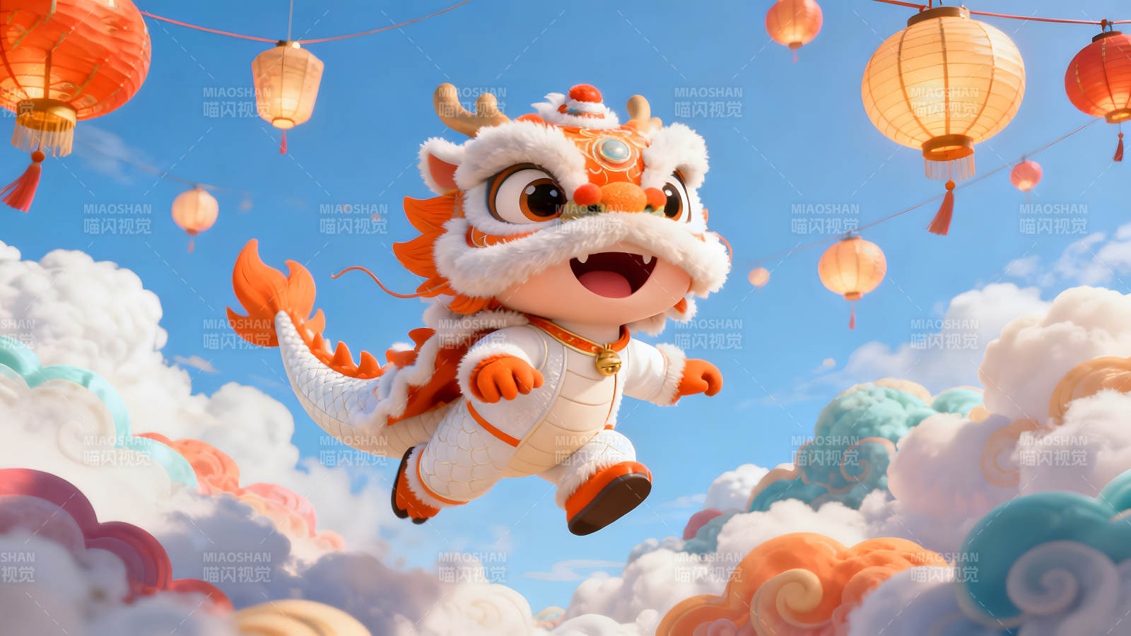 欢快的卡通小龙飞翔在节日天空图片