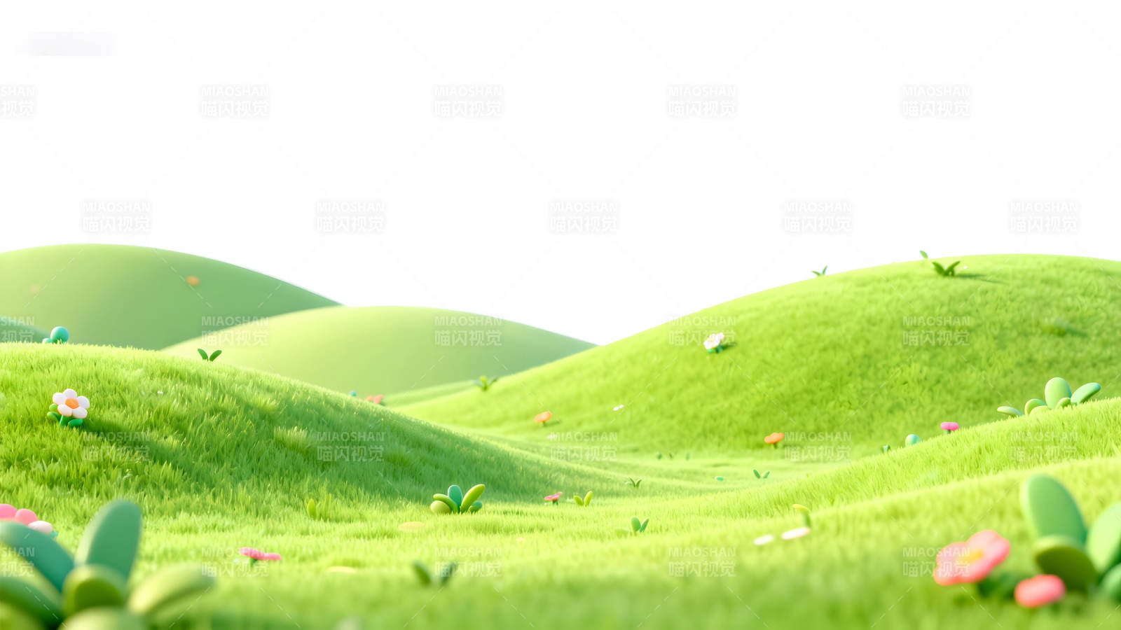 卡通风格的绿色山丘与鲜花图片