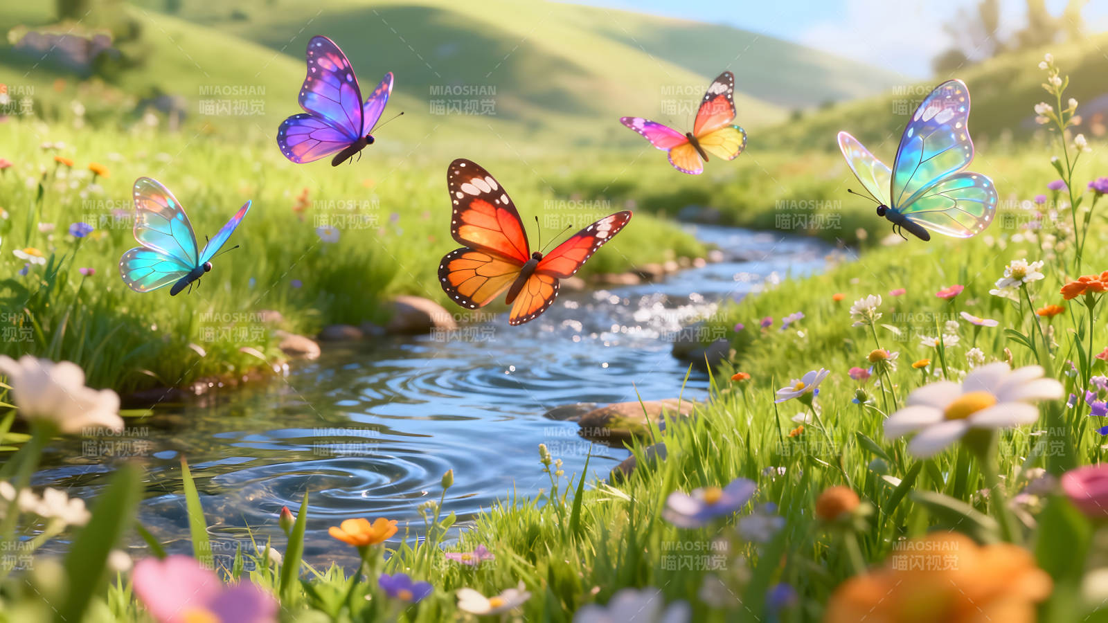 溪流蝴蝶飞舞美丽景色图片
