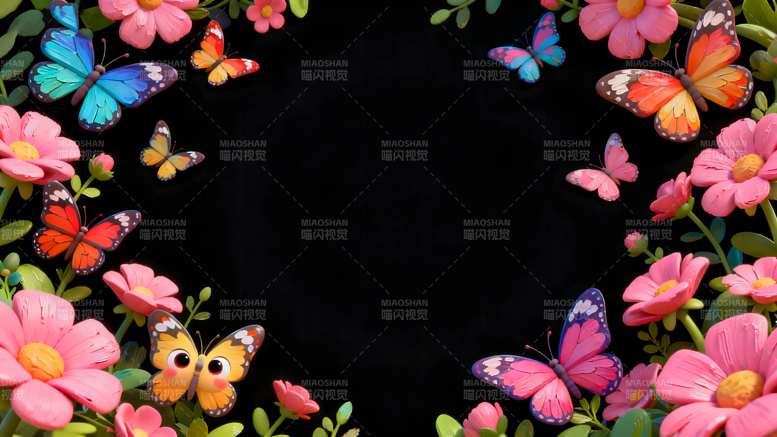 蝴蝶和花朵围绕的黑色背景图片