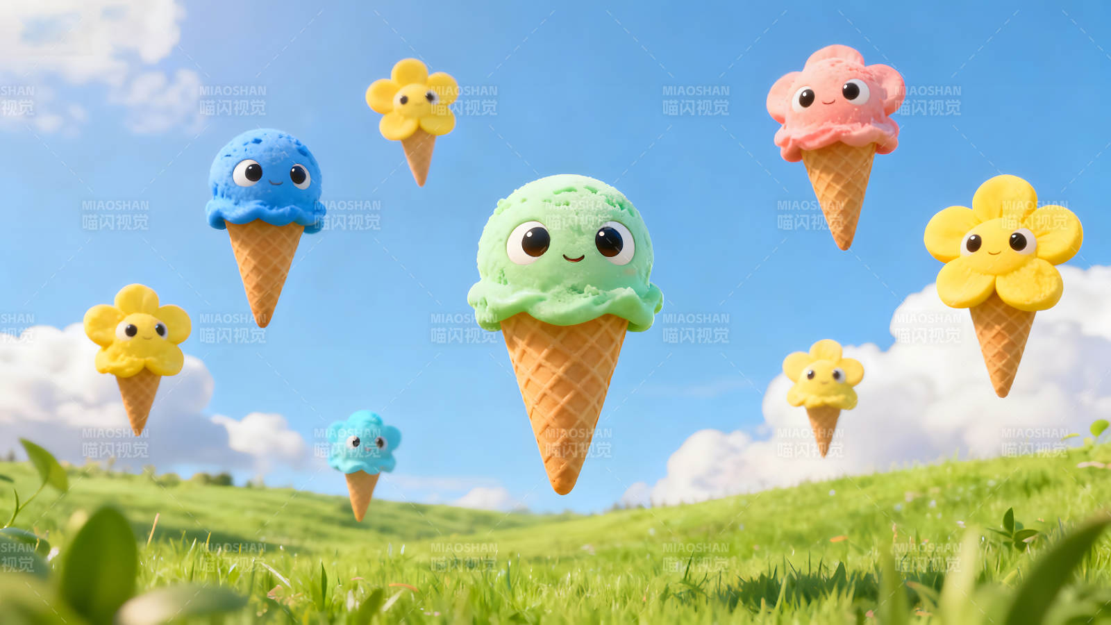 可爱冰淇淋漂浮在蓝天绿地图片
