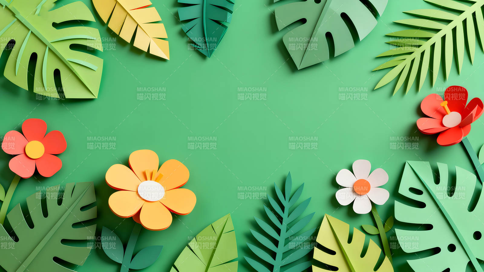 绿色背景下的纸艺热带风光图片