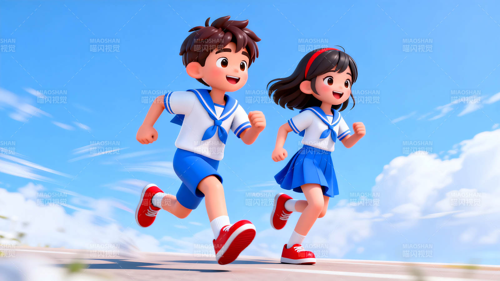 卡通学生奔跑在阳光下图片