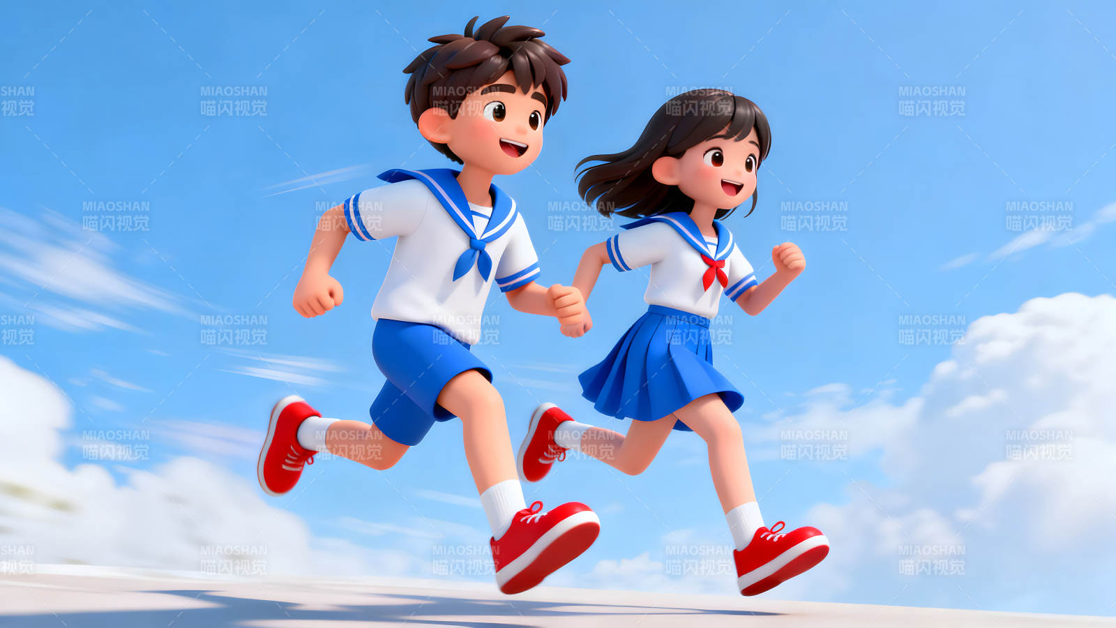 卡通学生奔跑于蓝天之下图片