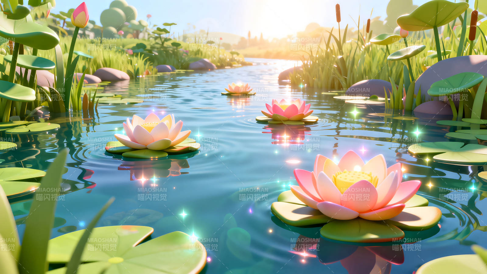 清澈池塘中的莲花盛开图片