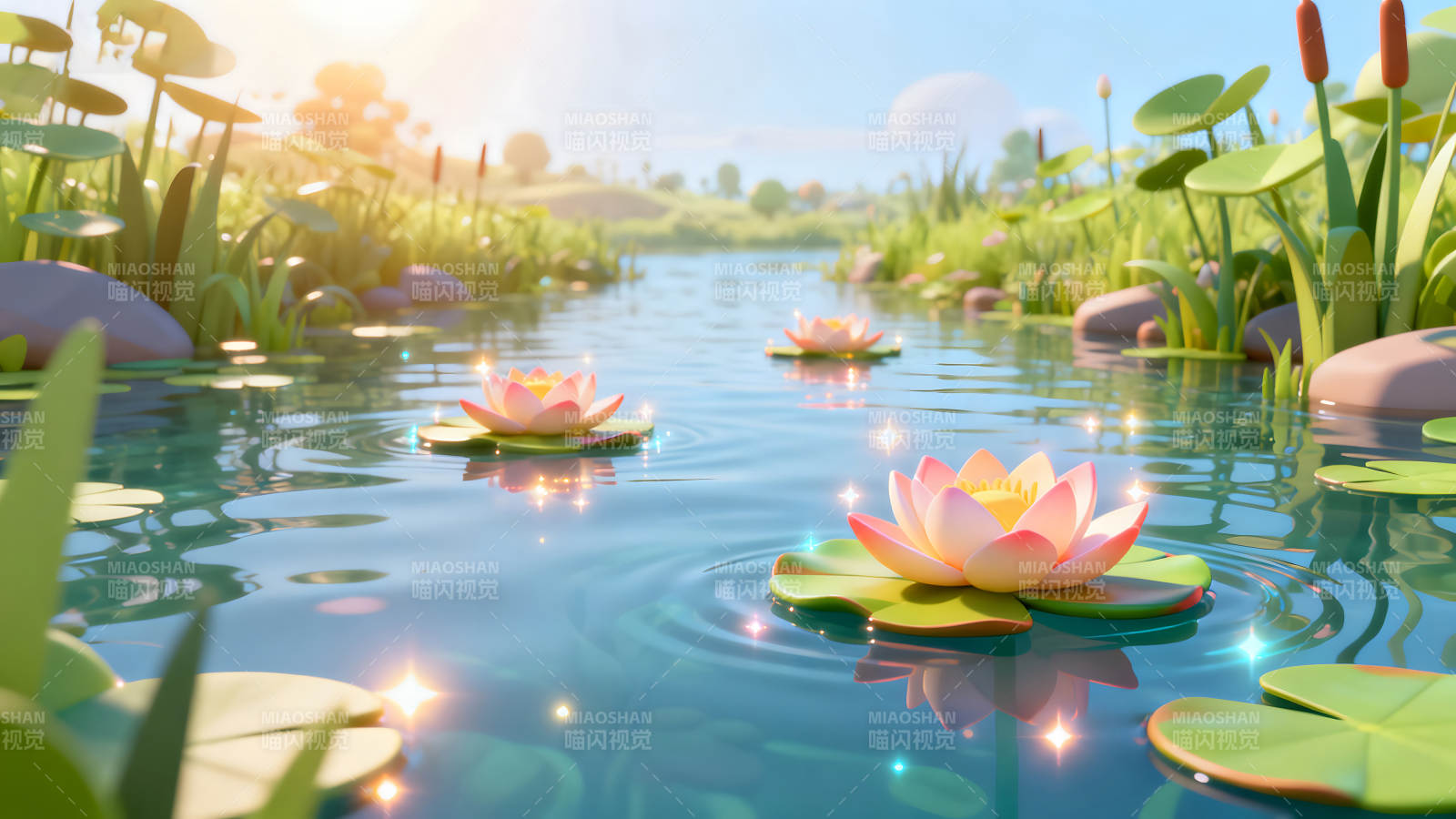 唯美池塘莲花盛开光线柔和图片