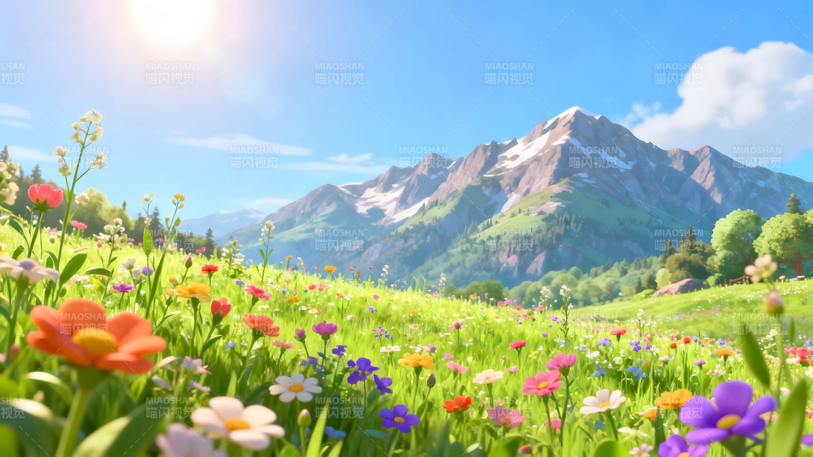 阳光明媚的山野花海风景图片