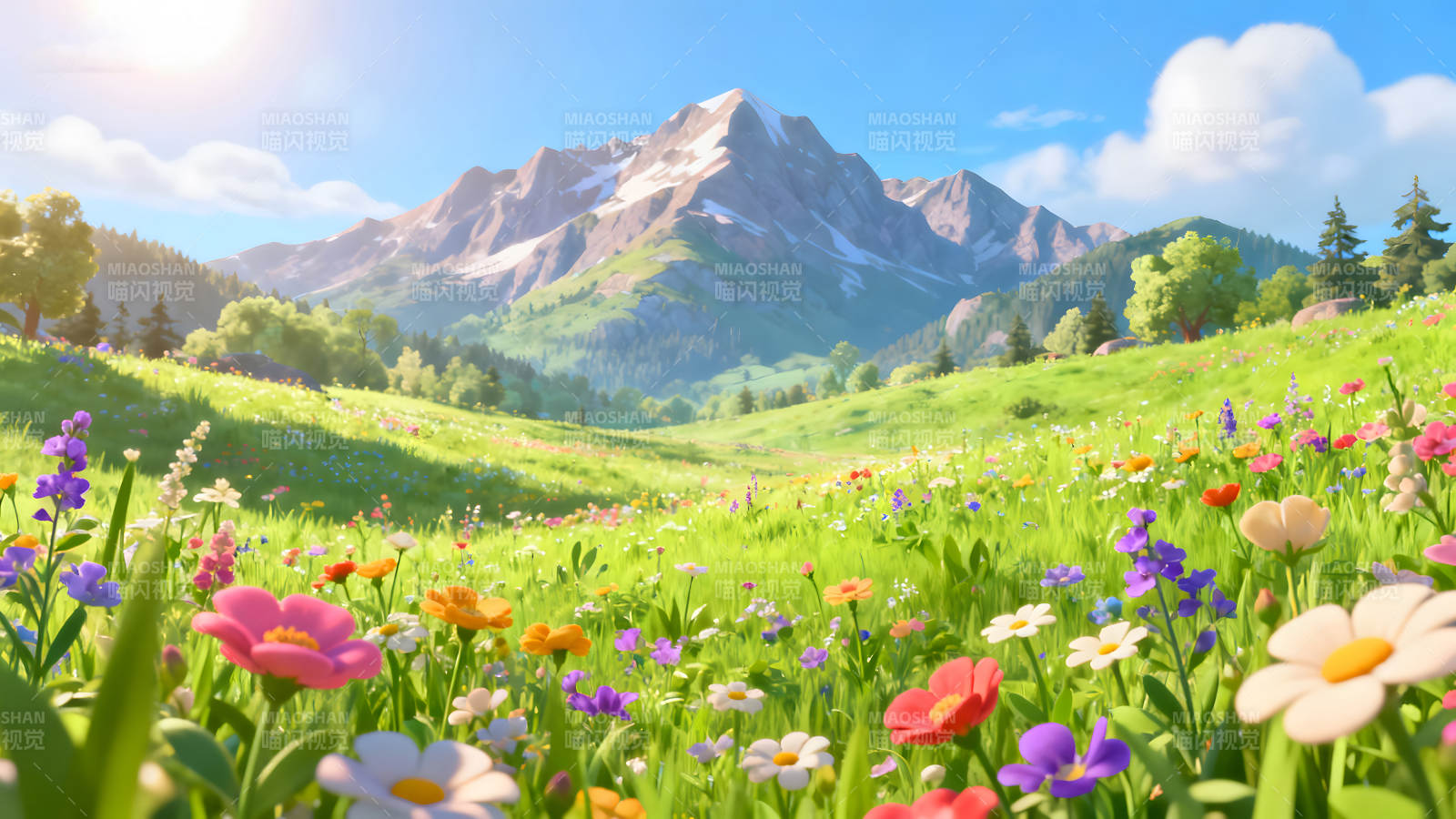 盛开的鲜花与雪山下的美丽草地图片