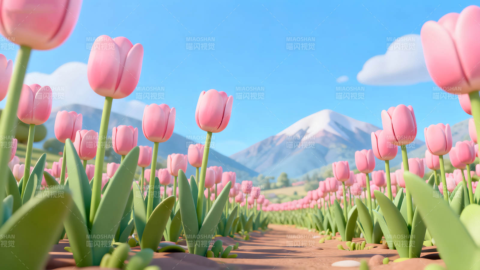 粉色郁金香田野山脉蓝天下的童话场景图片