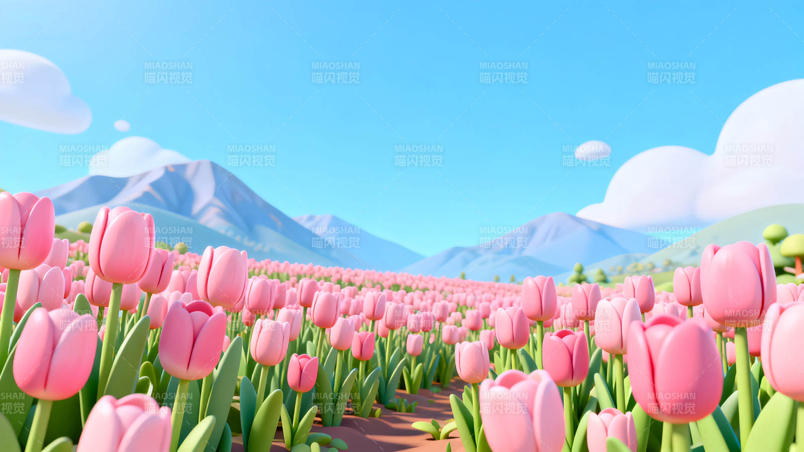 粉色郁金香田野远山蓝天图片