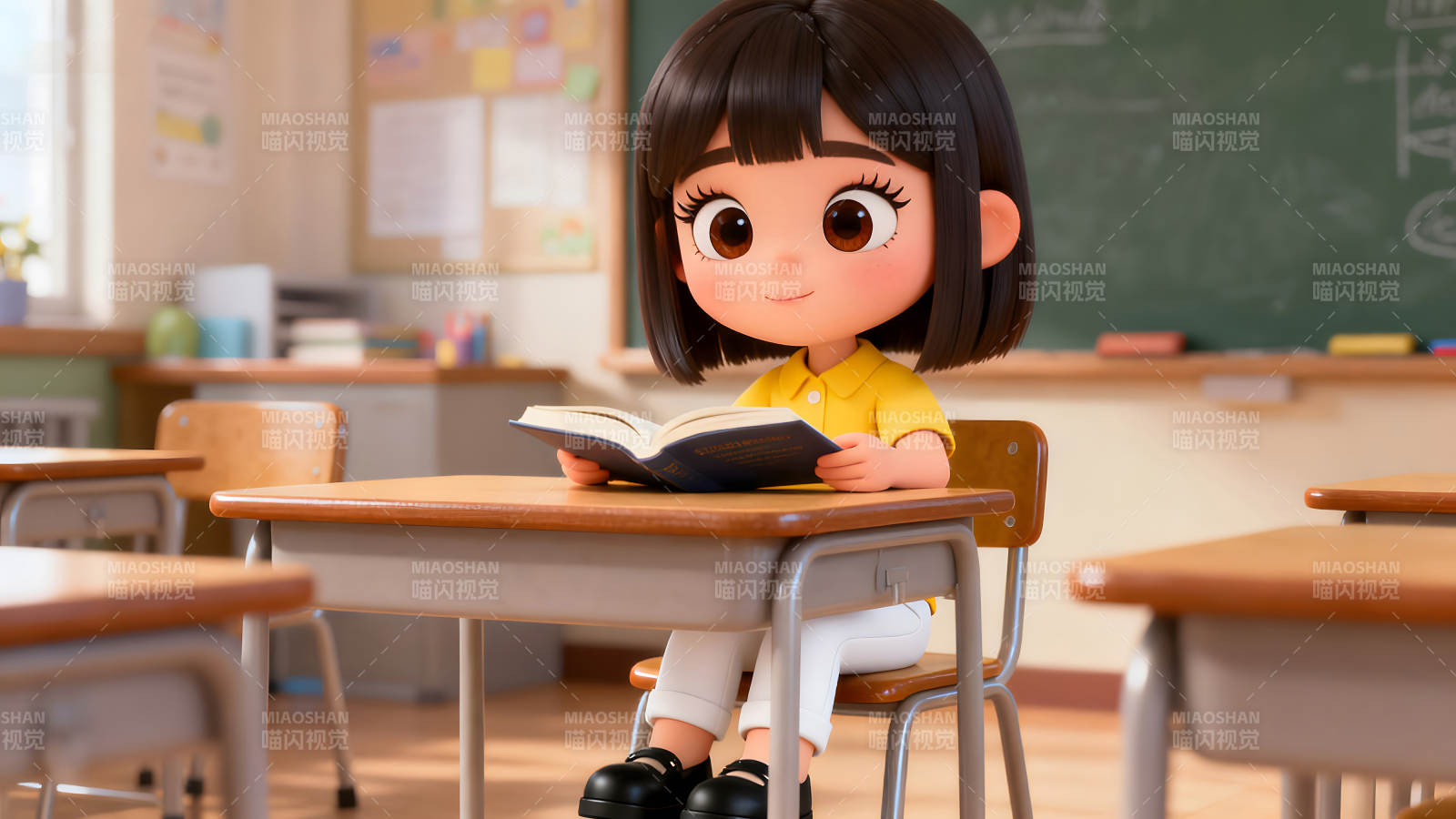 卡通女孩在教室里读书图片