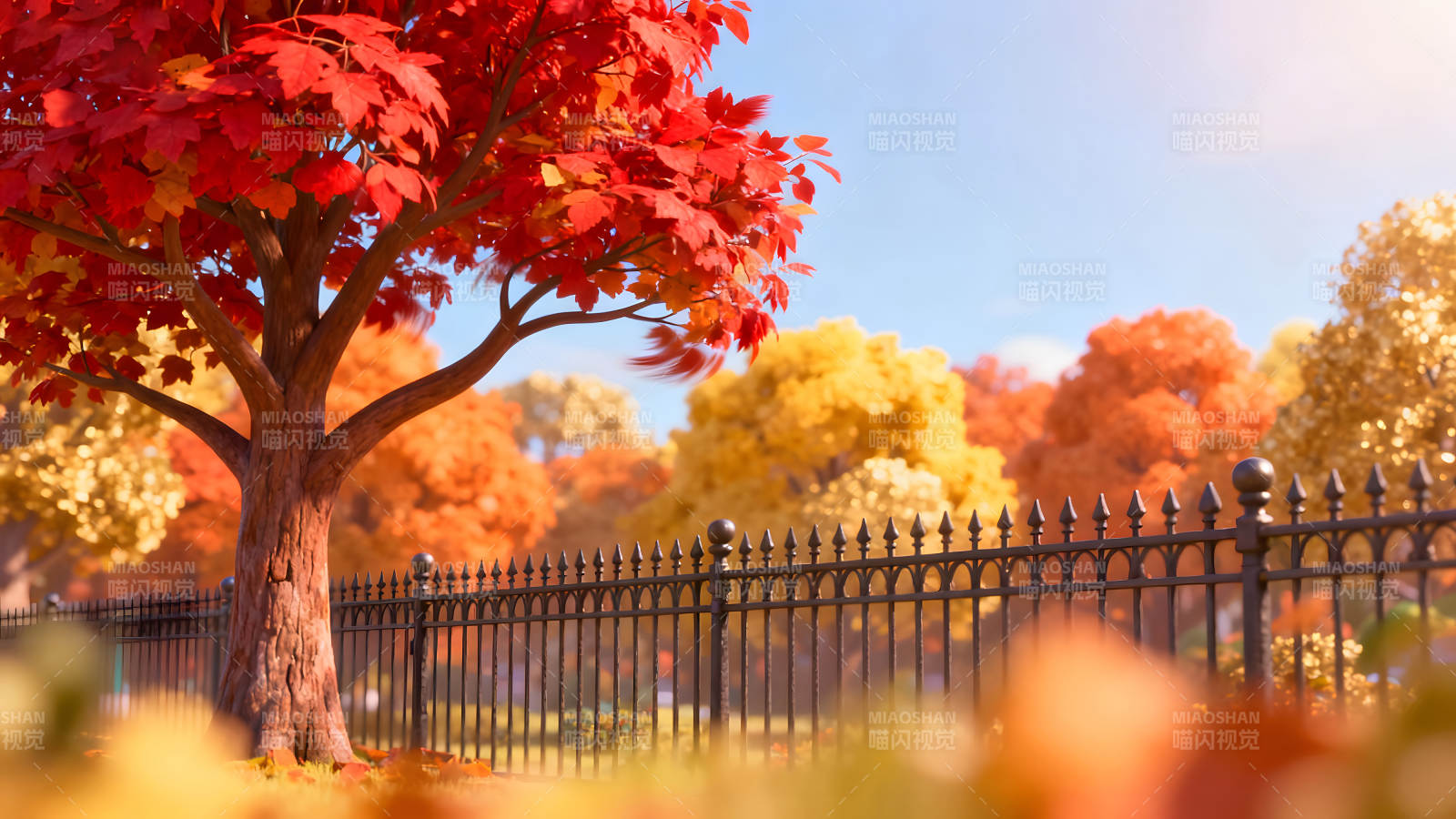 秋日红叶树木与栅栏美景图片