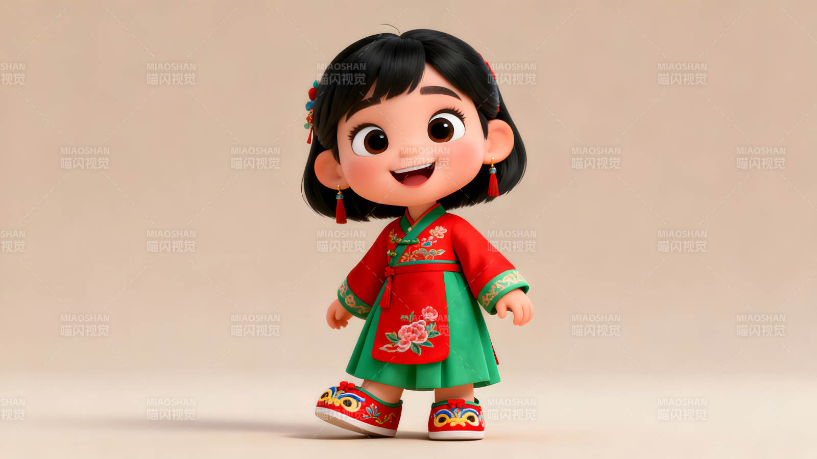 卡通女孩穿传统服饰面带笑容图片