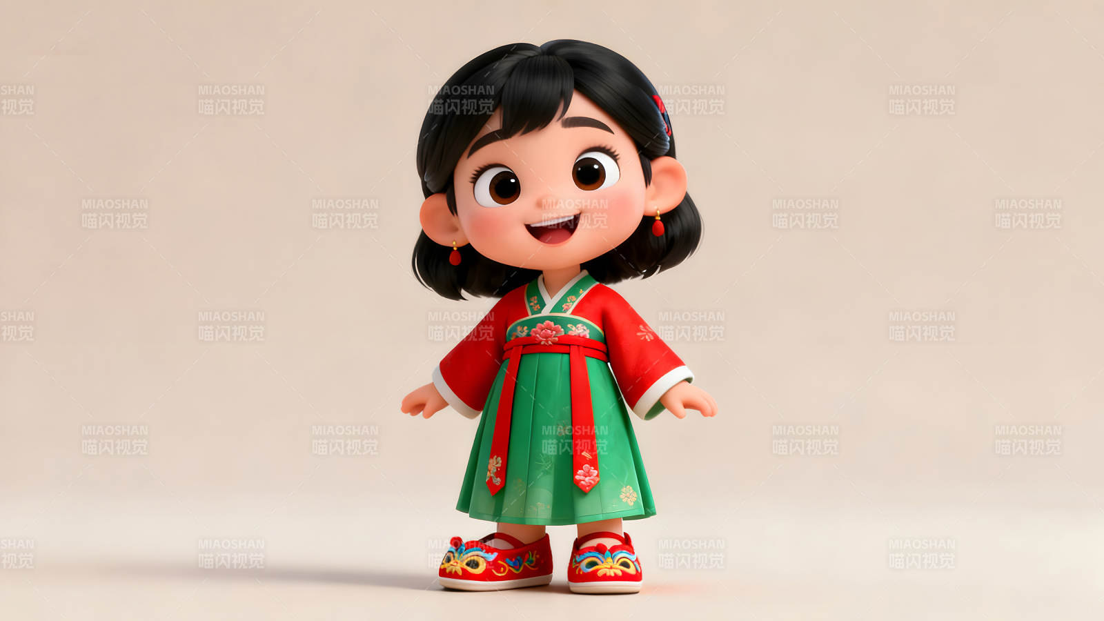 可爱卡通女孩穿着传统服饰微笑图片