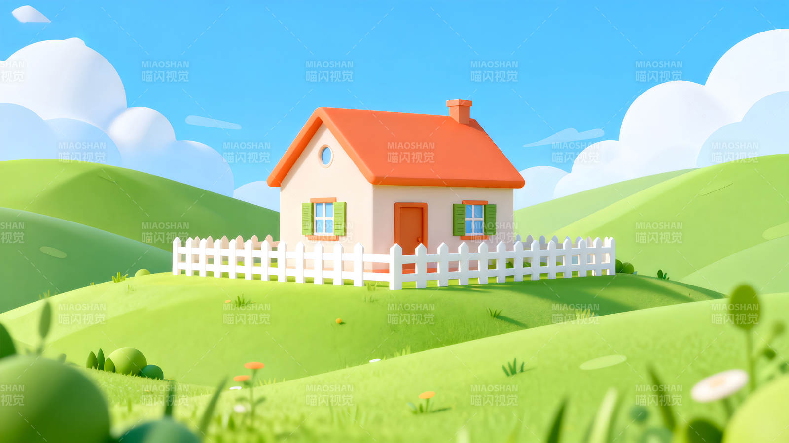 卡通小屋场景绿色田野蓝天图片