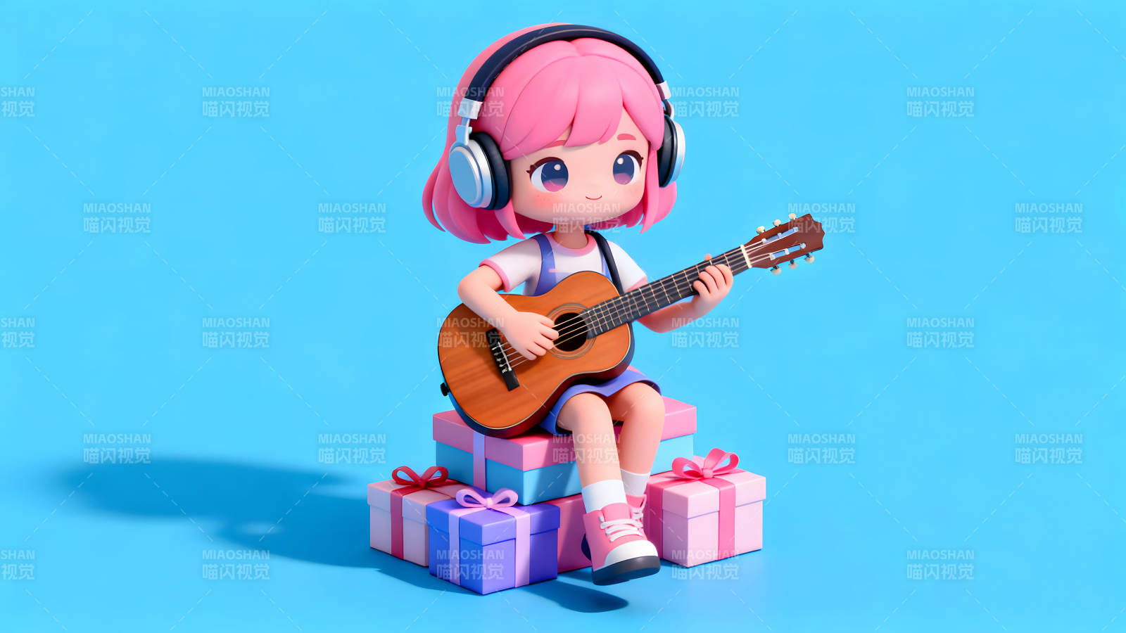 卡通女孩弹吉他戴耳机图片