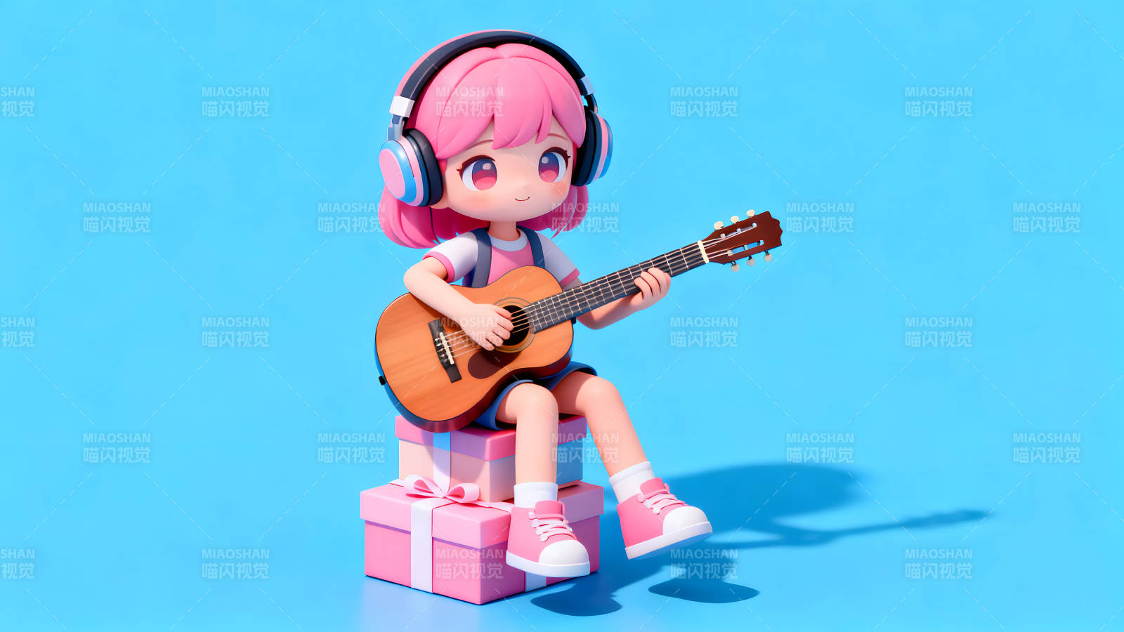 动漫女孩弹吉他蓝色背景图片