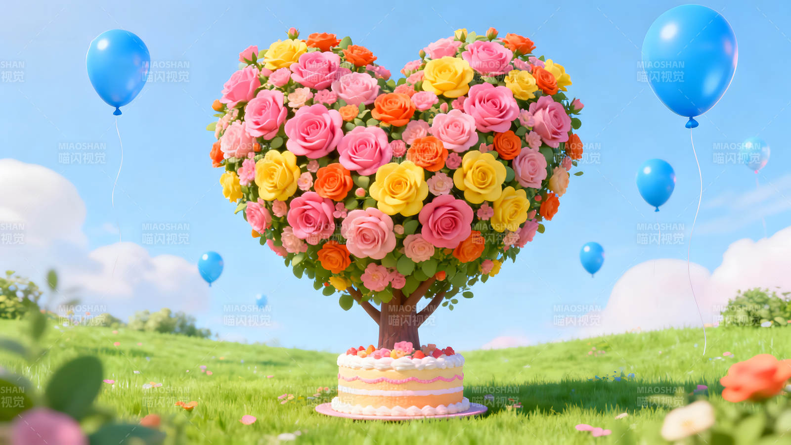 心形花树蛋糕与气球图片