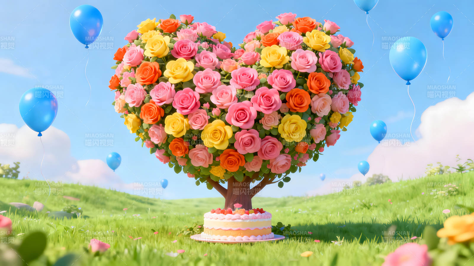 心形花树与蛋糕和气球的童话世界图片