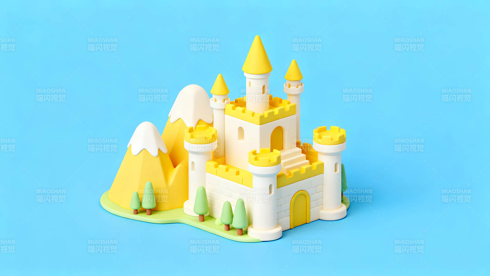 卡通城堡与山丘的蓝天背景图片