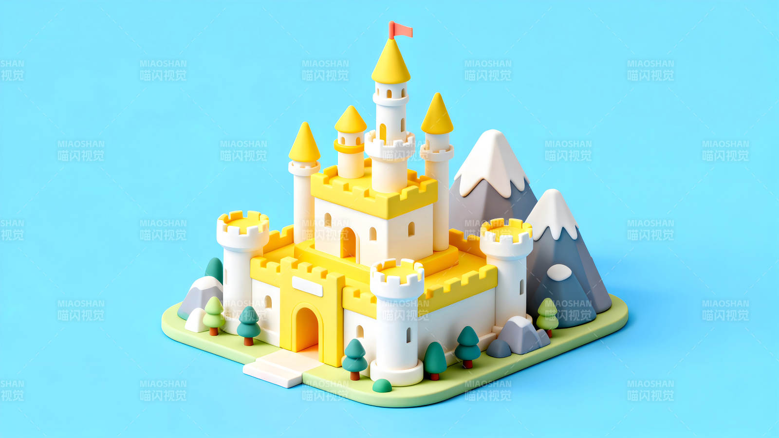 卡通城堡山峰蓝背景图片