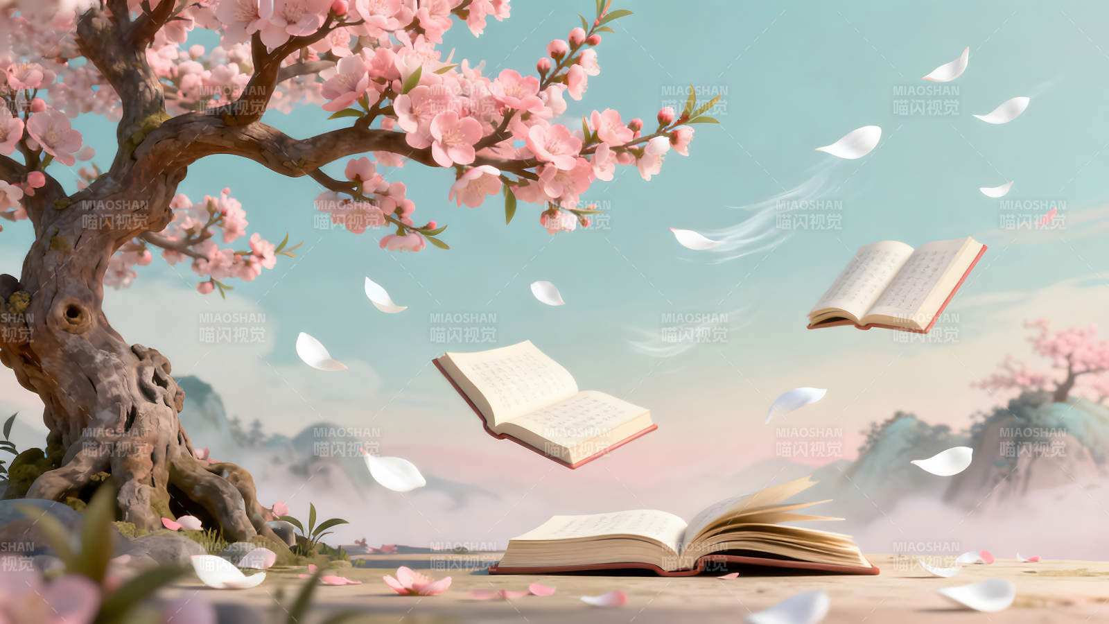 樱花树下飞舞的书本图片