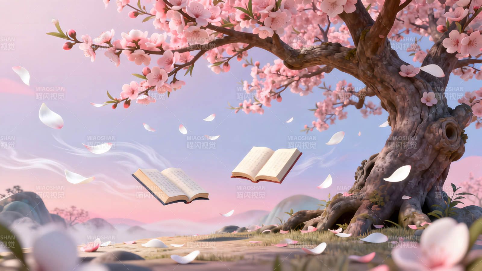 樱花树下书本飘飞唯美意境图片
