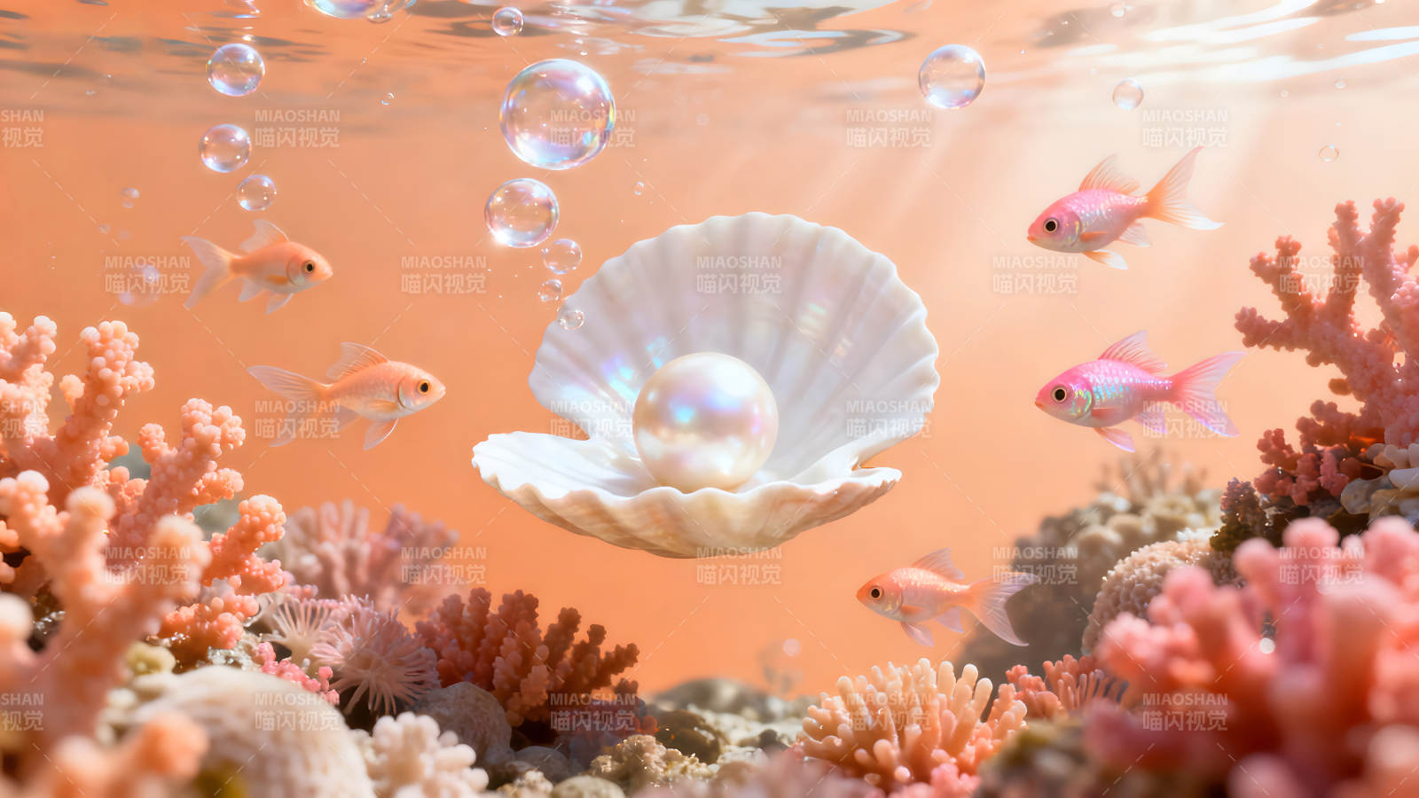 海洋中的珍珠与鱼群场景图片