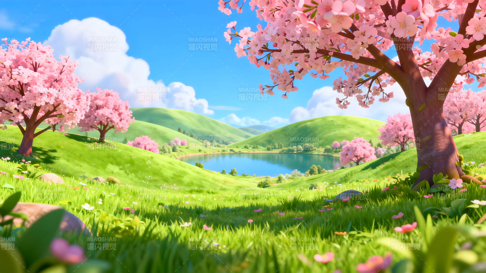 樱花盛开的湖畔景色图片