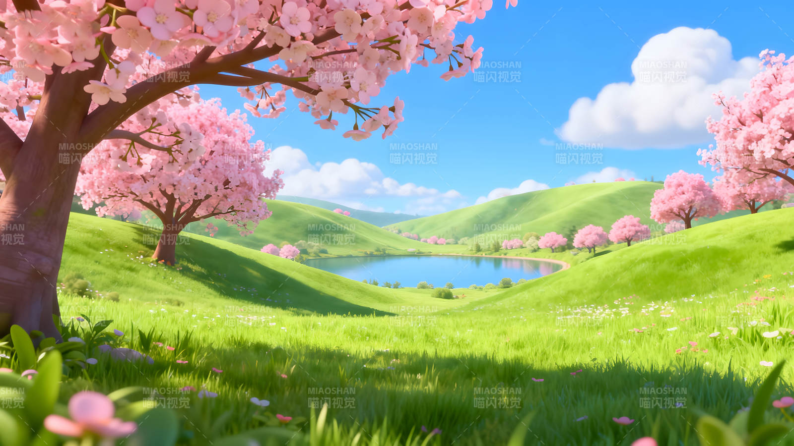 樱花盛开的宁静田园风光图片