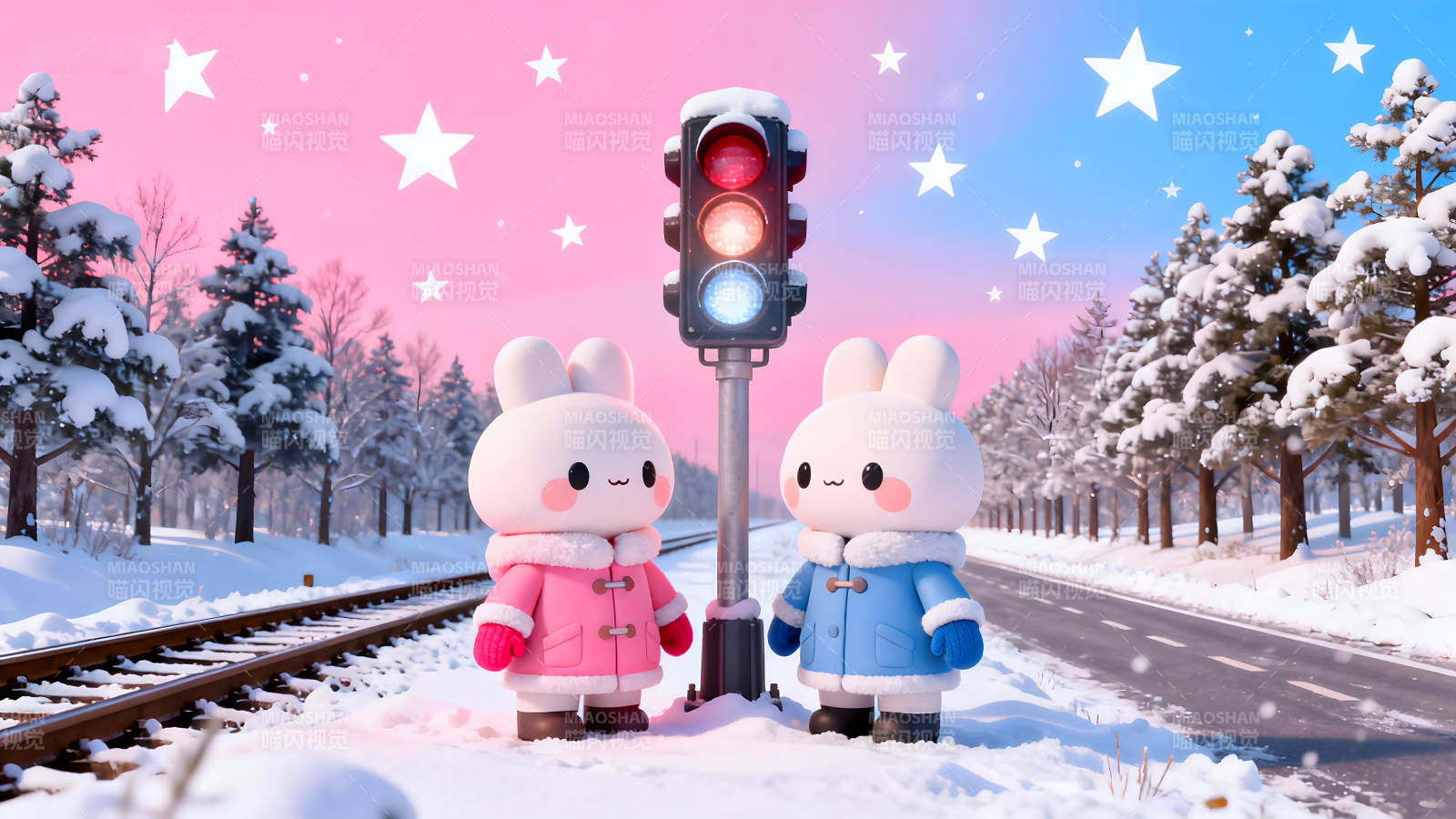 雪地里可爱兔子和红绿灯图片