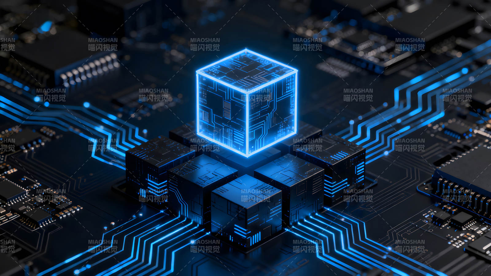 科技感十足的蓝色发光电路板图片