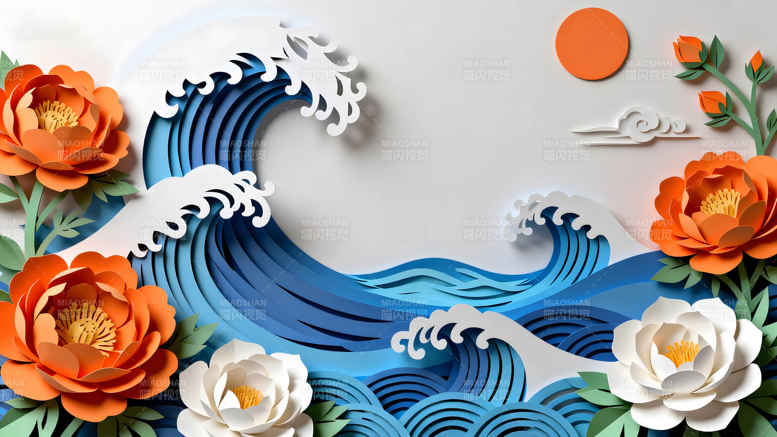 纸艺海浪与花卉风格鲜明色彩鲜艳图片