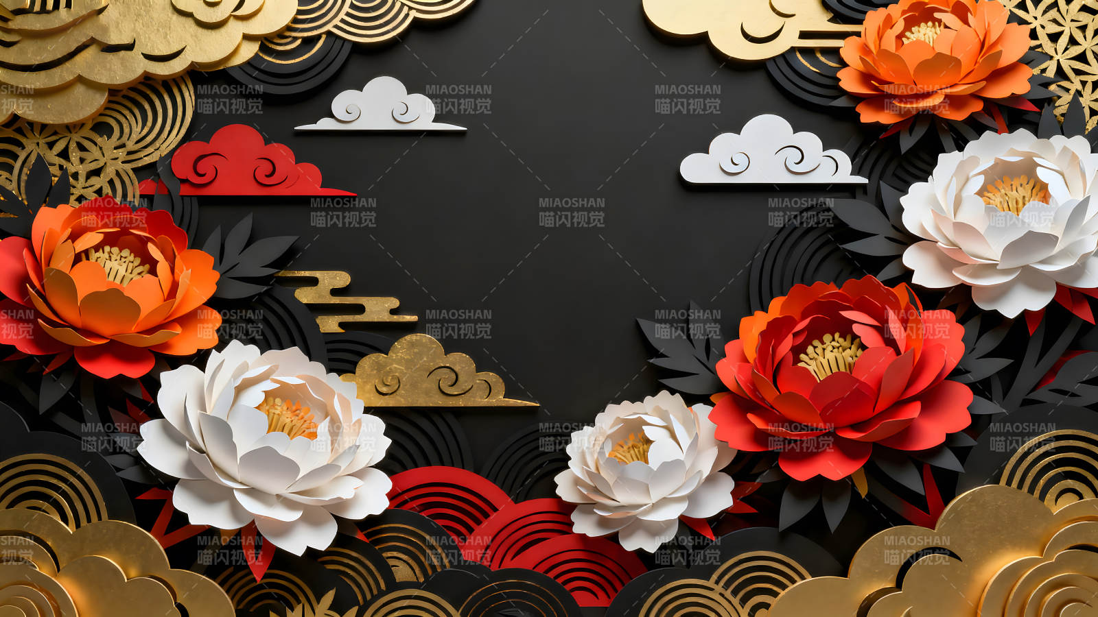 纸艺花卉与云朵装饰的背景图片