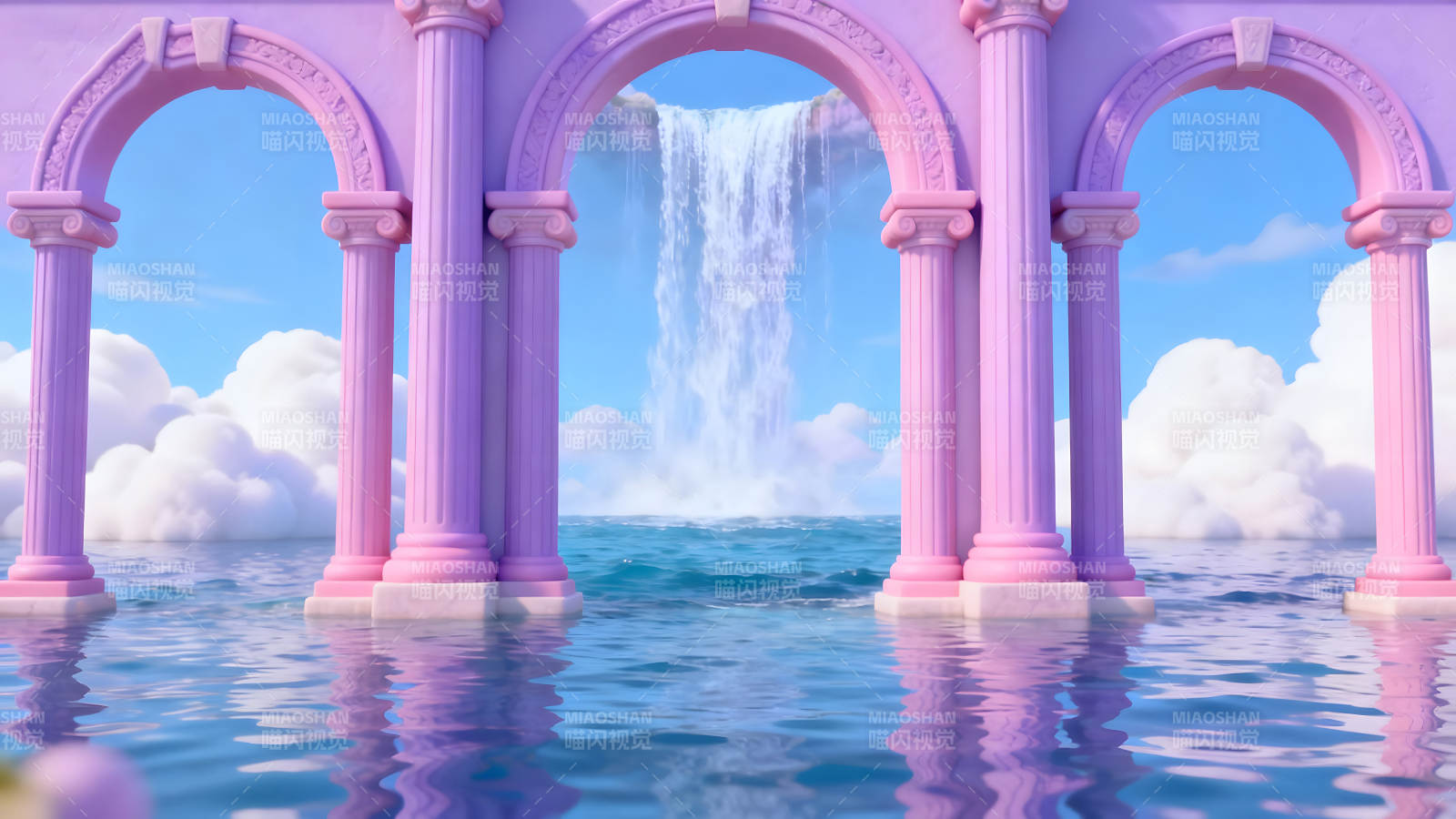 梦幻粉色建筑与瀑布交相辉映图片