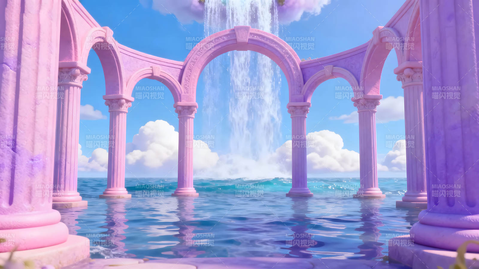 粉色拱门水瀑布仙境蓝天白云图片
