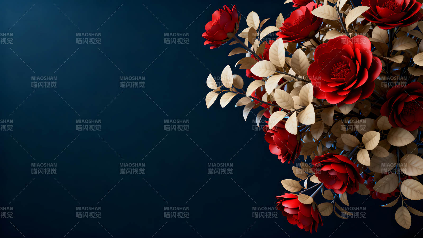 红玫瑰与金叶子的优雅绽放图片