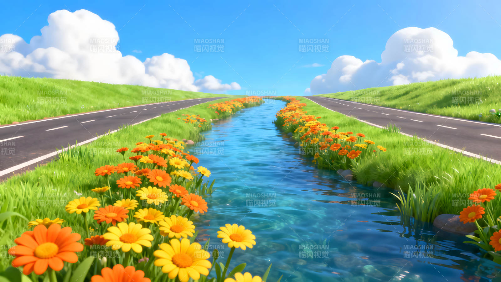 田野花海两边公路晴空万里图片