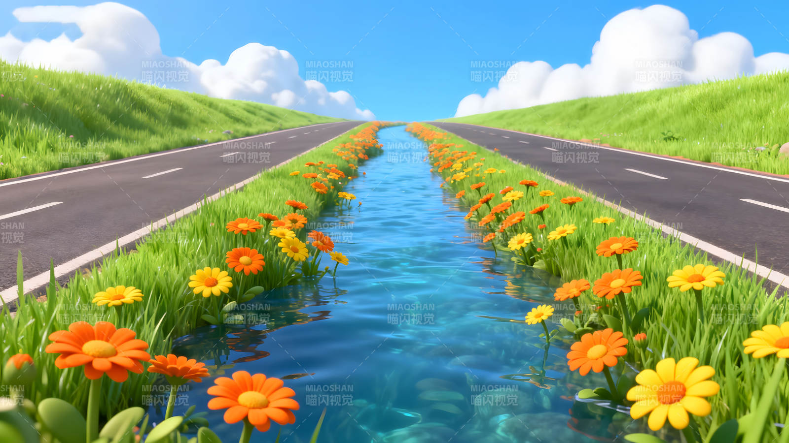 鲜花河流公路蓝天白云图片