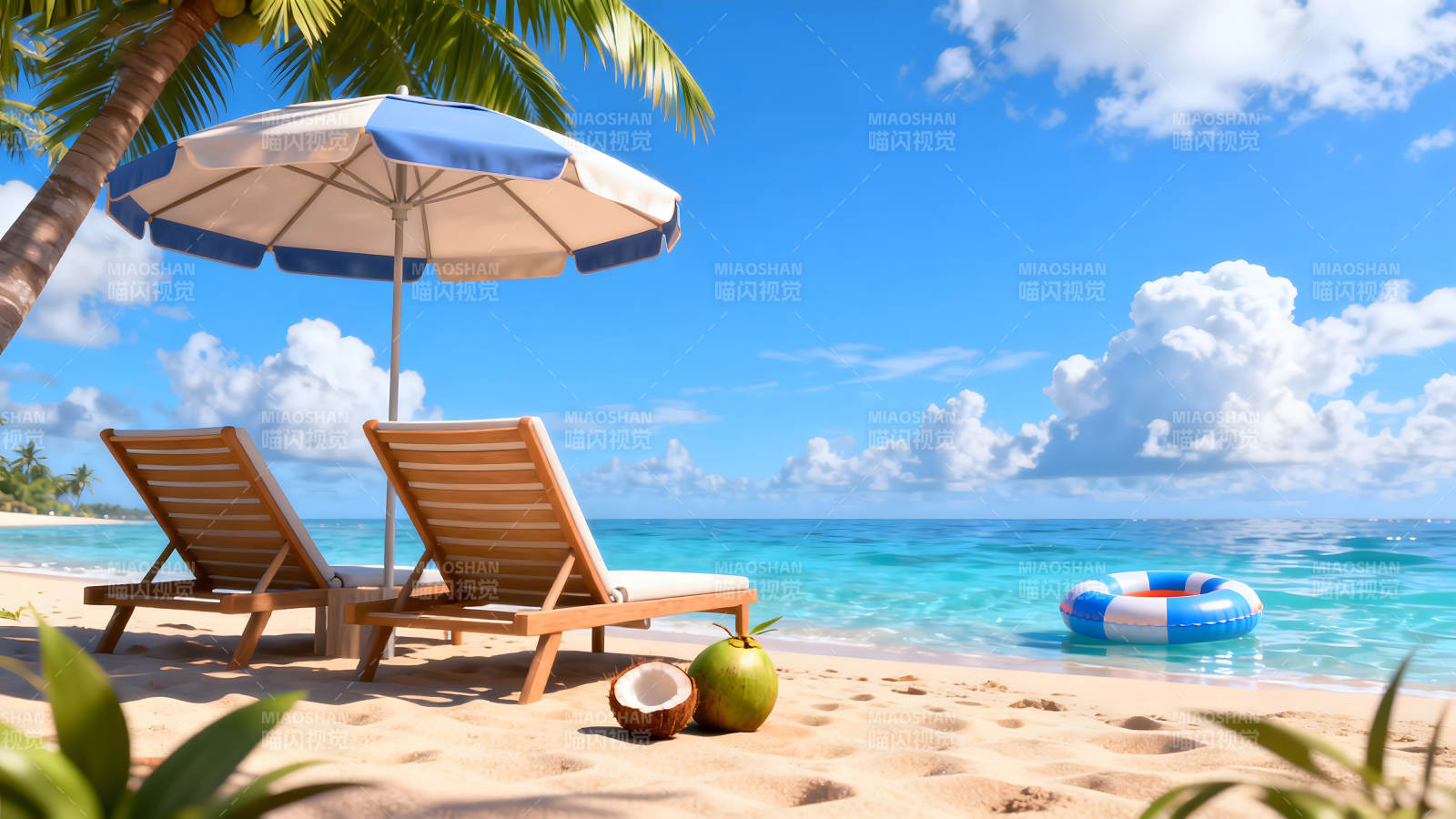 海滩休闲胜地阳光明媚蔚蓝天空图片