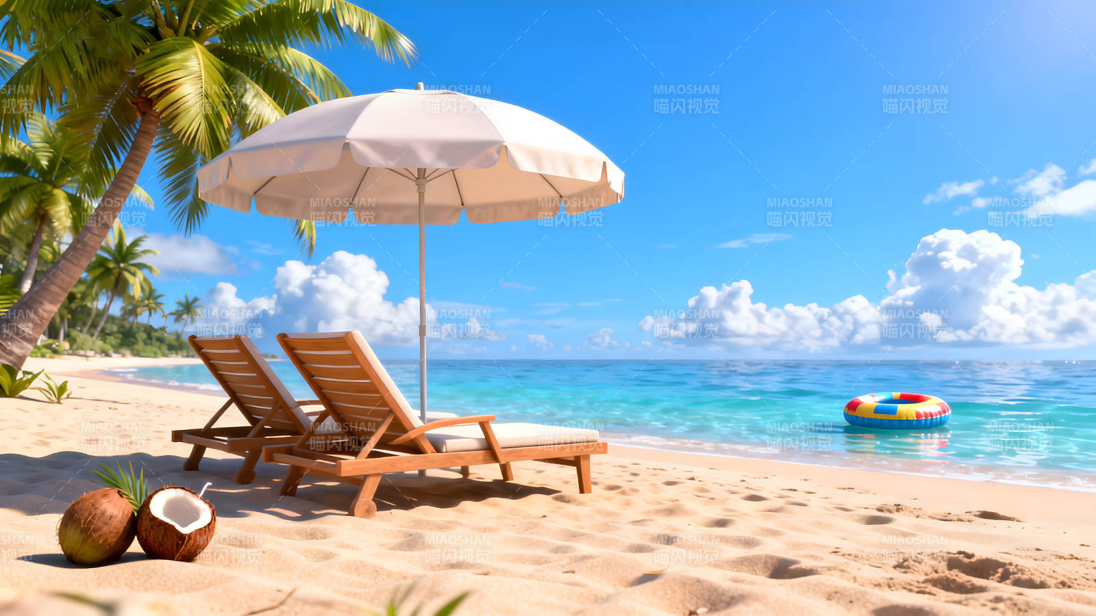 海滩休闲场景蓝天白云椰子树躺椅图片