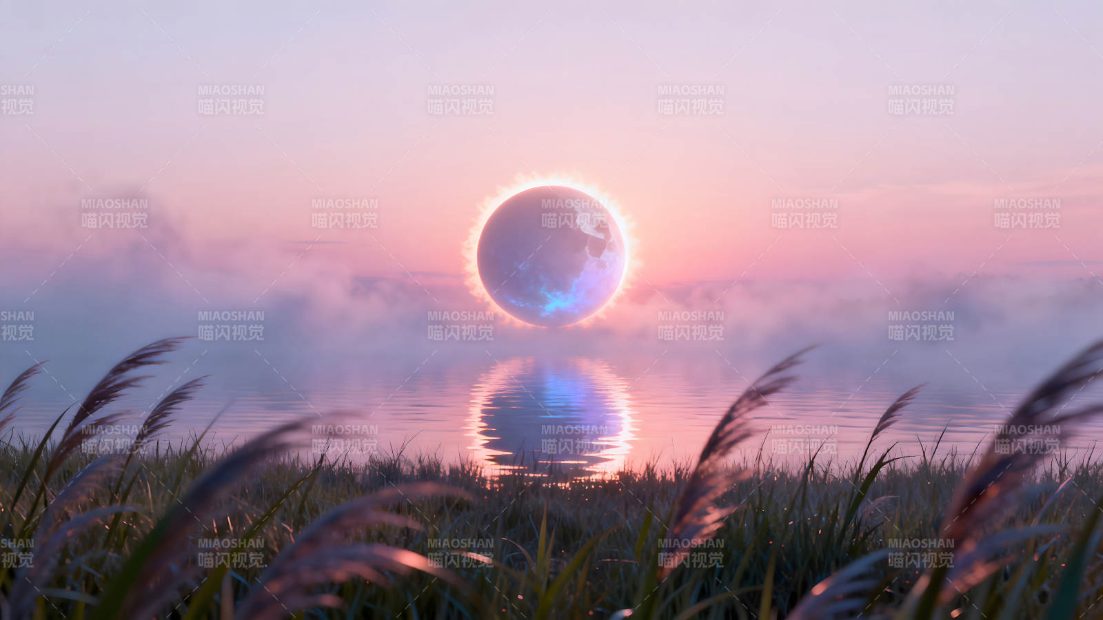 奇幻湖泊上的发光天体倒影图片