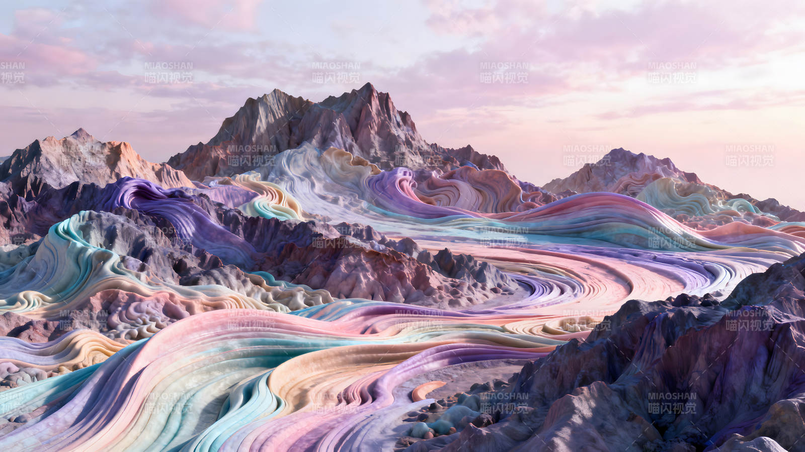 梦幻山脉与彩虹河流交织的唯美景象图片