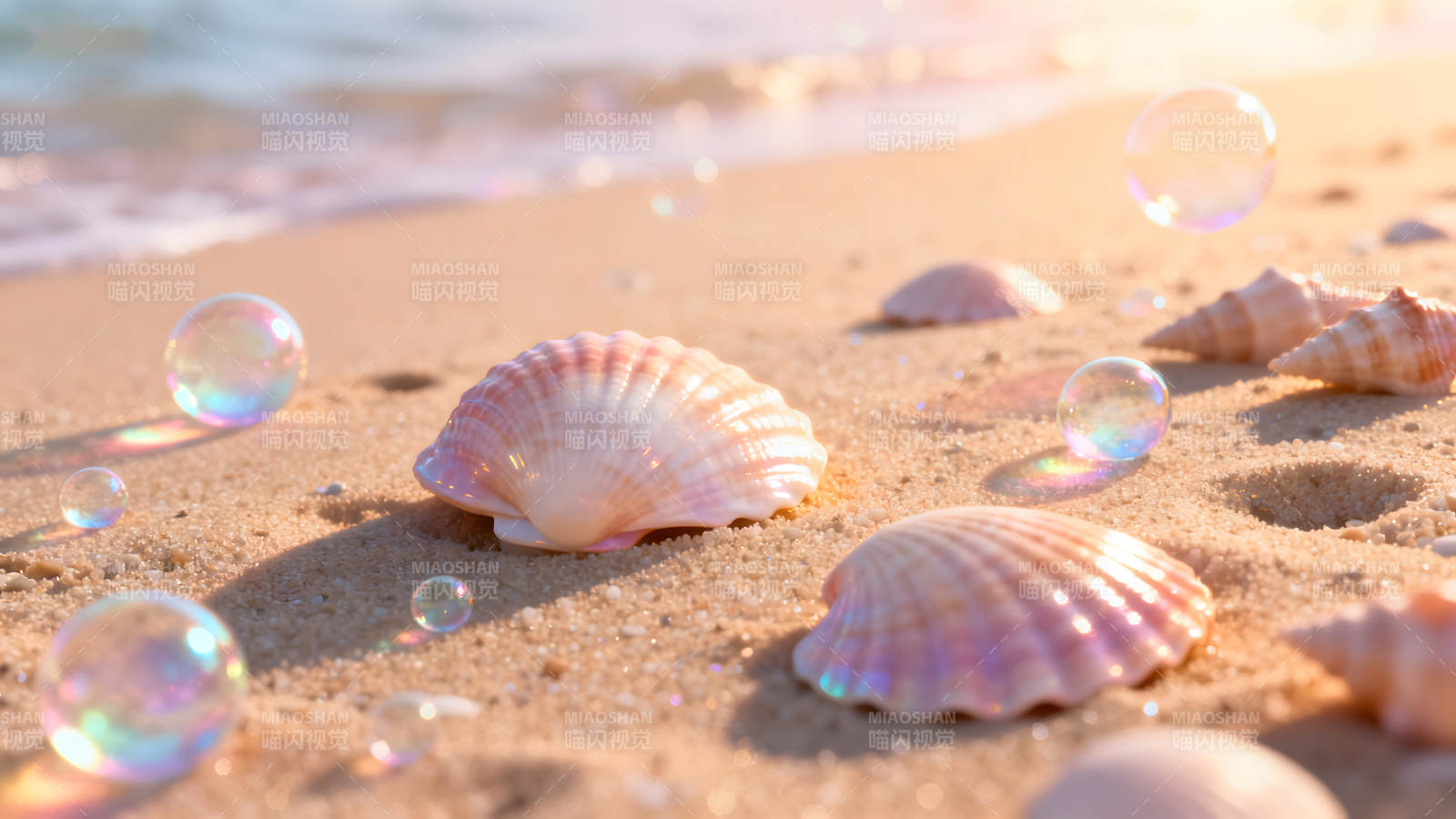 海滩上的贝壳与气泡美丽的阳光沙滩景色图片
