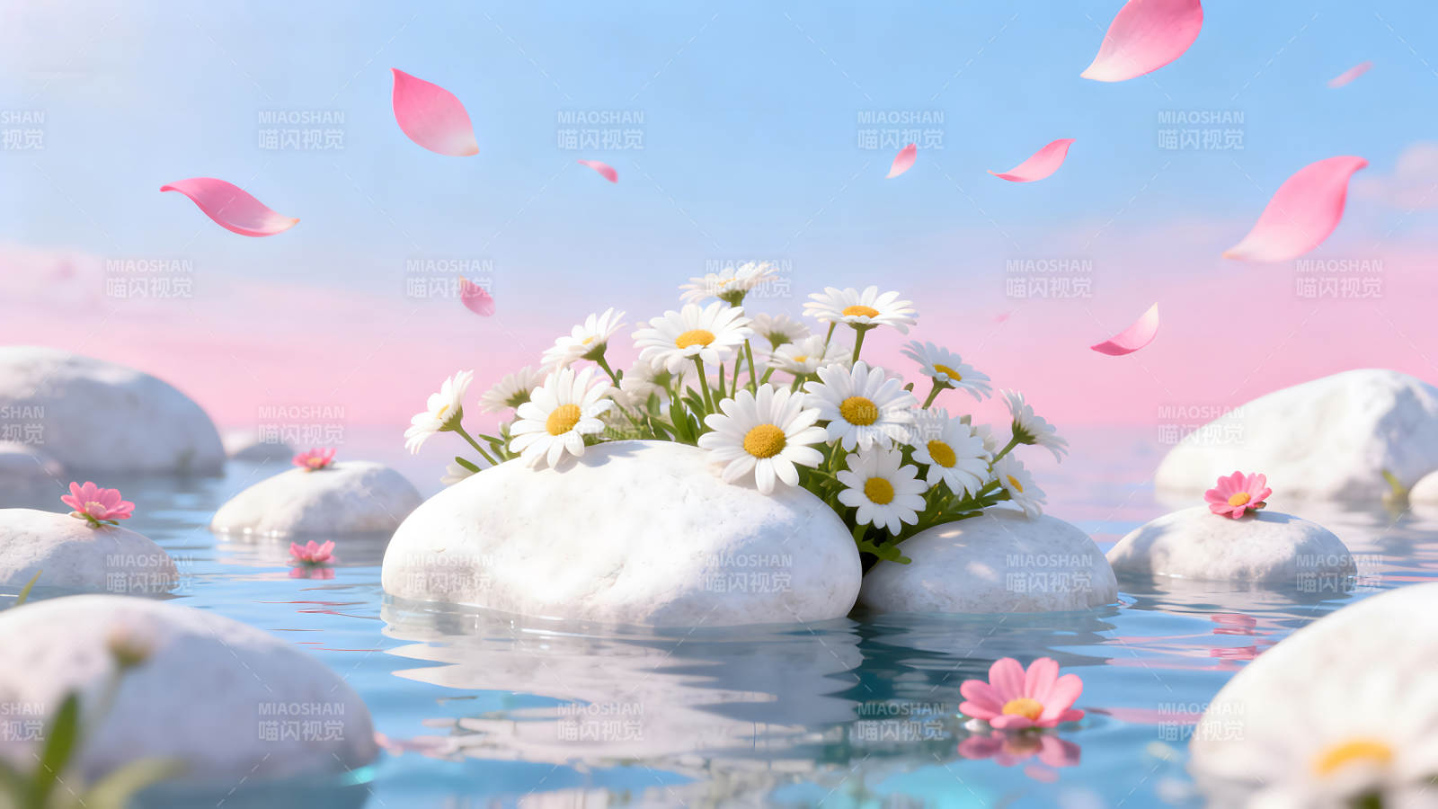 水中花朵与落叶宁静唯美意境图片